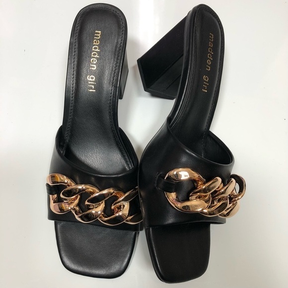 Madden Girl Mules Heeled Sandals Golden chain black Size 8.5 - Picture 9 of 9